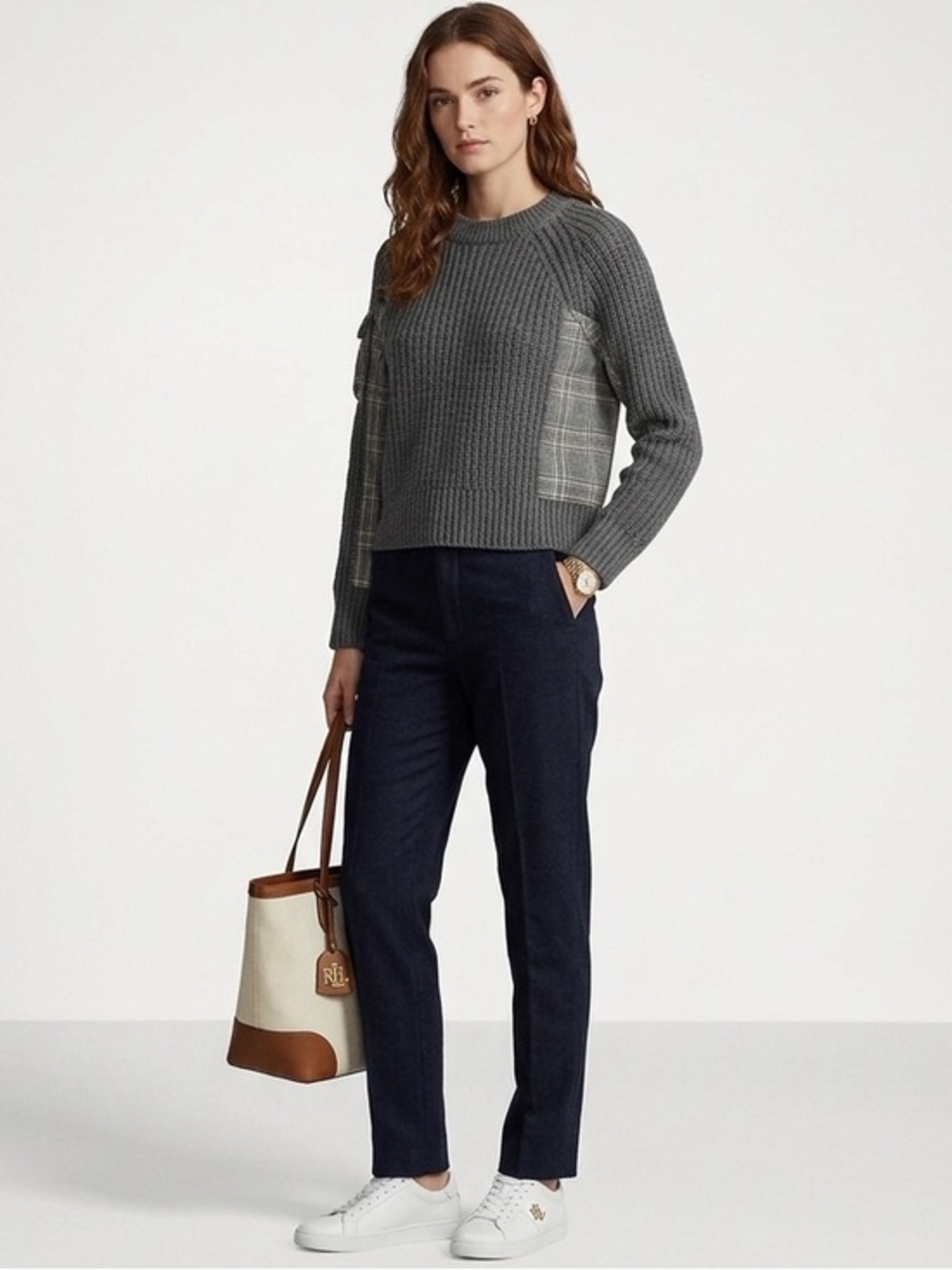 Zara Gray Crewneck Knit Sweater Plaid Patches Size Large